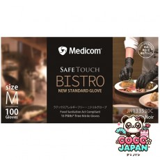 Medicom Japan Safe Touch Bistro 니트릴 장갑, 크기 M, 100 조각 [파우더 없음 (파우더 없음) 검은 색]