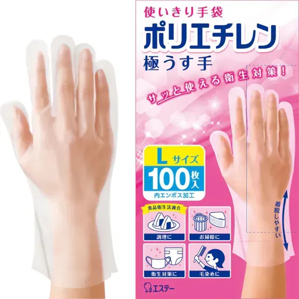 Este 완전한 장갑, 내부 (고르지 않은) 가공, 왼쪽 및 오른쪽 유형, 요리, 청소, 위생 측정, 모발 염색, 일회용 (음식 위생 행위 준수) 완전한 장갑, 폴리 에틸렌, 극한 얇은 손, 반통, L 크기, 100 조각