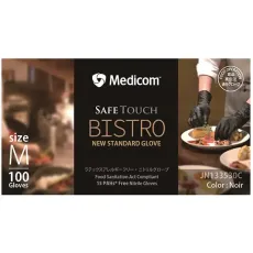 Medicom Japan Safe Touch Bistro 니트릴 장갑, 크기 M, 100 조각 [파우더 없음 (파우더 없음) 검은 색]