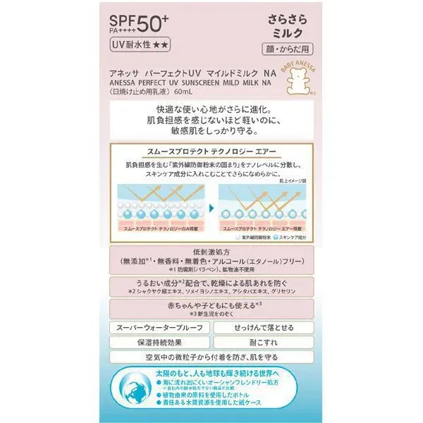 시세이도 SHISEIDO 아네사 ANESSA 아네사 퍼펙트 UV 마일드 밀크 NA 60ml SPF50+/PA++++ [선스크린 얼굴·몸용]