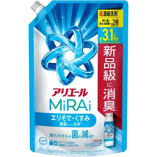 ARIEL 아리에르  MiRAi 초농축 컴팩트 세제* 에리 소데/스미 최고 수준 세정* 리필 울트라 점보 980g [세탁용 세제]